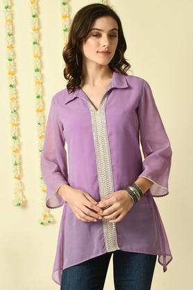 embroidered georgette collared women's top - purple
