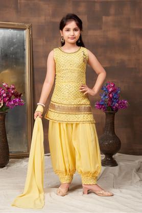 embroidered georgette full length girls kurta set - yellow