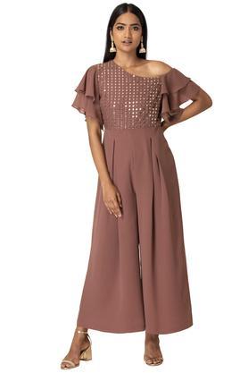 embroidered georgette half sleeves women's ankle length jumpsuit - pink