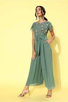 embroidered georgette relaxed fit womens regular jumpsuit - green