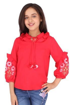 embroidered georgette round neck girls top - red