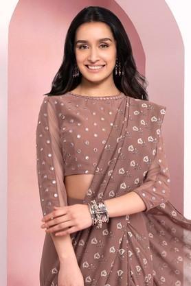 embroidered georgette round neck women's blouse - pink