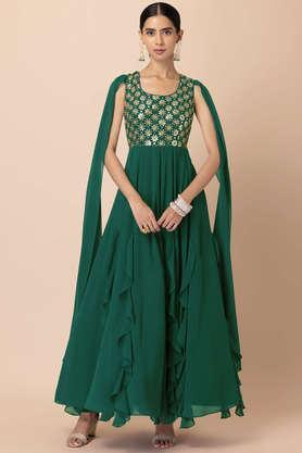 embroidered georgette round neck women's party wear kurta - green