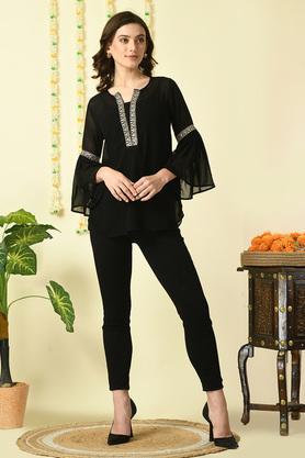 embroidered georgette round neck women's top - black