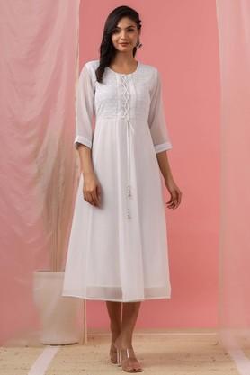 embroidered georgette round neck womens flared dress - white