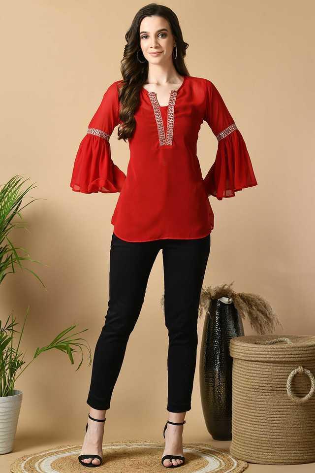 embroidered georgette round neck womens top