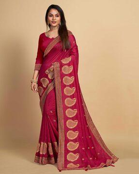 embroidered georgette saree with tassels