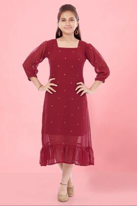 embroidered georgette square neck girls party wear dress - maroon