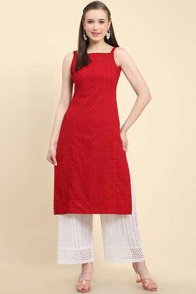 embroidered georgette square neck women's festive wear kurta - red