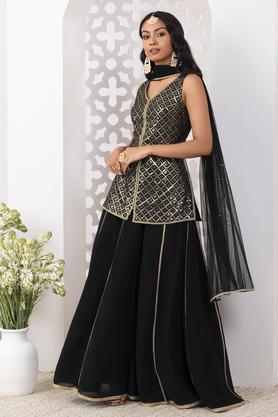 embroidered georgette v neck women's kurta palazzo dupatta set - black