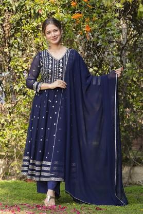 embroidered georgette v-neck women's kurta set - navy