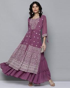 embroidered gown dress with sleeve tie-ups