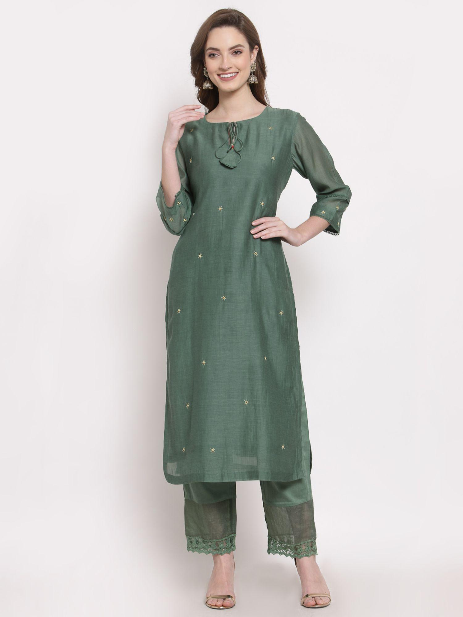 embroidered green ceri straight kurta