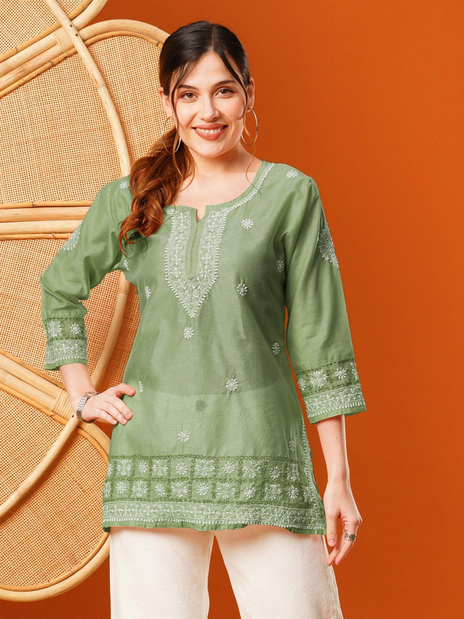 embroidered green chanderi lucknowi chikankari kurti