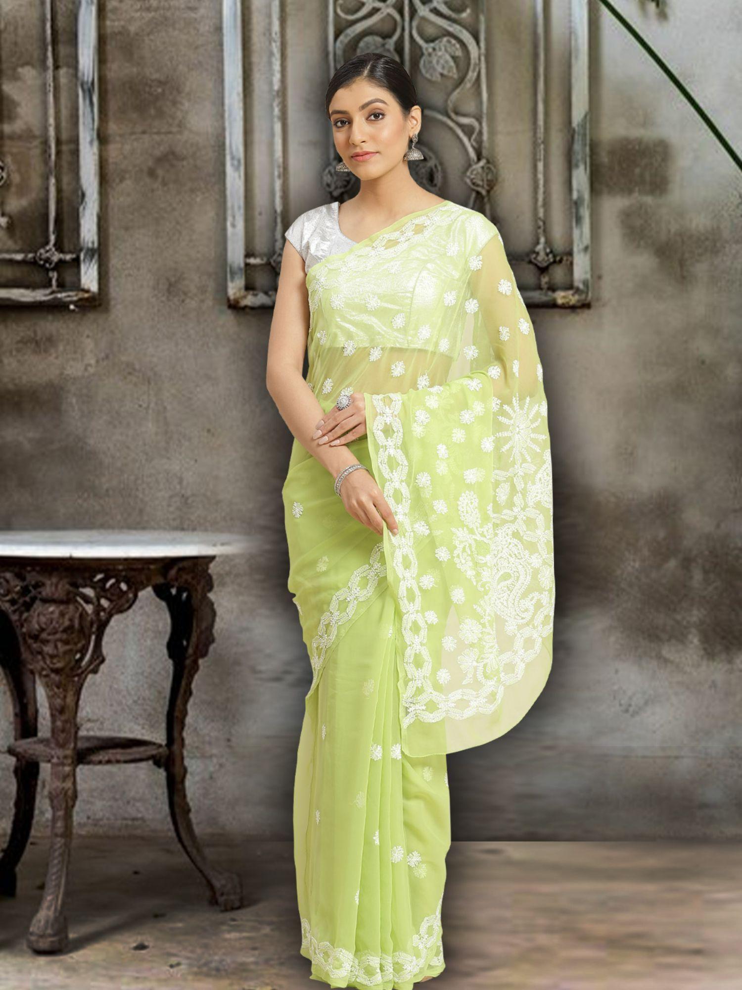 embroidered green georgette lucknow chikan saree- a129561 (a129561)