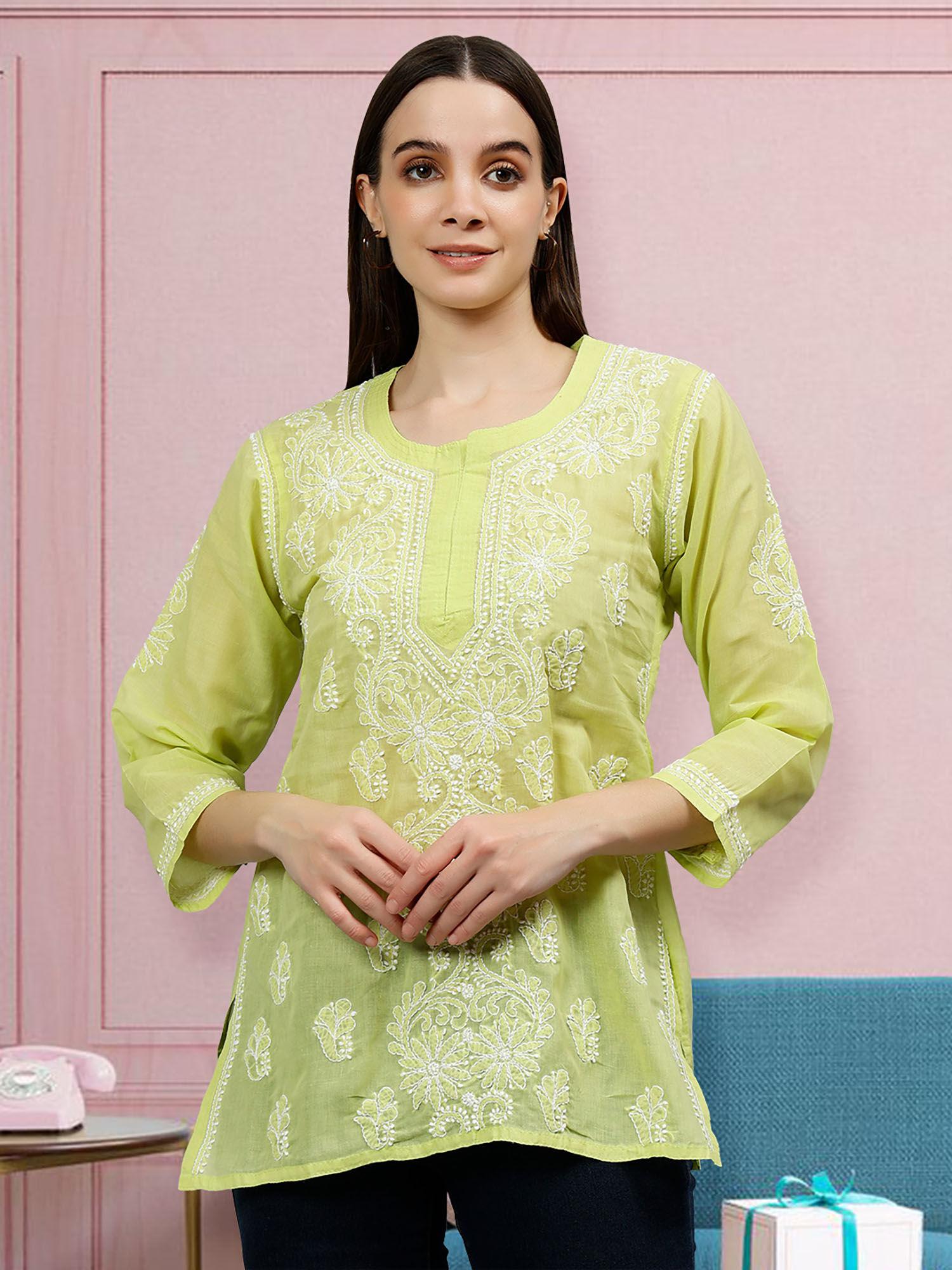 embroidered green terivoil cotton lucknowi chikankari kurti