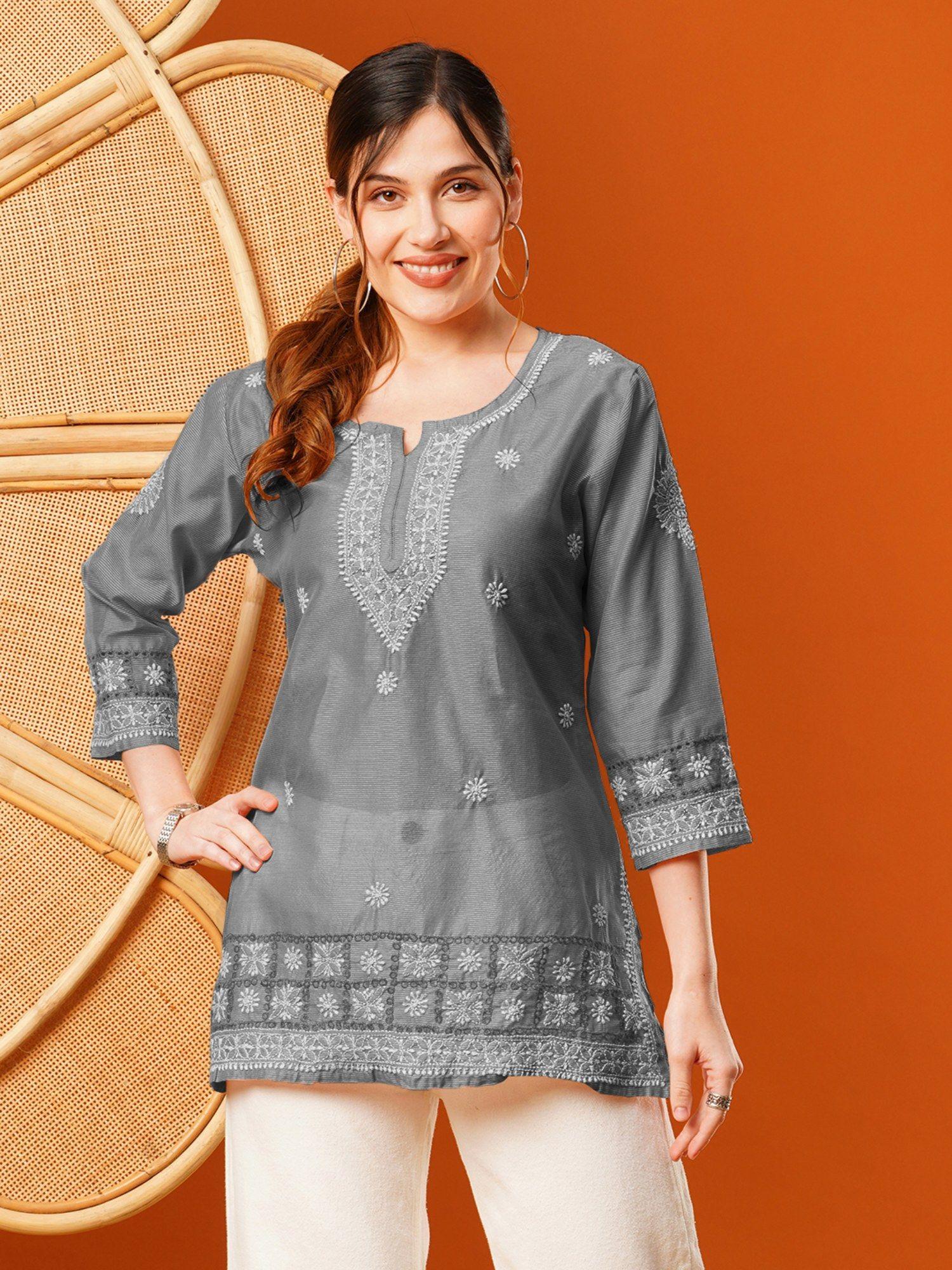 embroidered grey chanderi lucknowi chikankari kurti