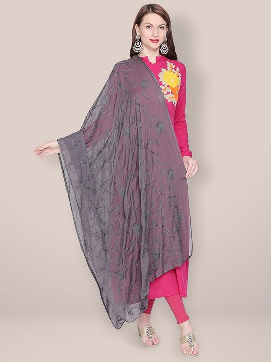 embroidered grey chiffon dupatta.