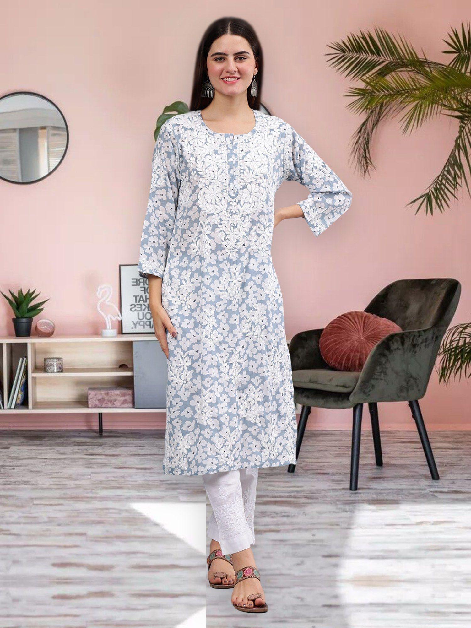 embroidered grey mal mal lucknowi chikankari kurta