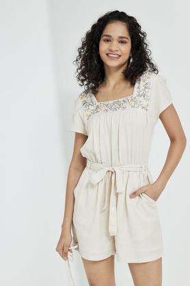 embroidered half sleeves blended women's regular jumpsuit - off white