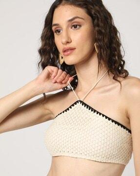 embroidered halter-neck fitted crop blouse