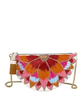 embroidered handbag with detachable chain strap