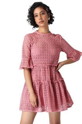 embroidered high neck cotton women's mini dress - pink