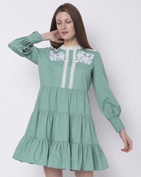 embroidered high-neck tiered dress