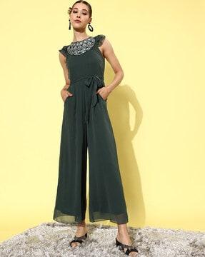 embroidered jumpsuit with ruffled detail