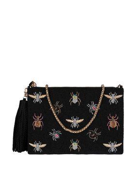 embroidered jute handbag with detachable chain strap