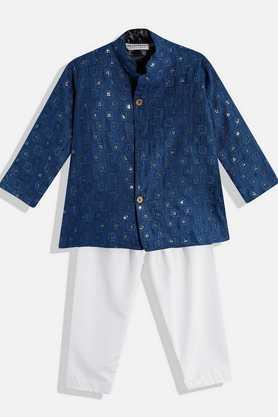 embroidered jute regular fit boys kurta pyjama set - blue
