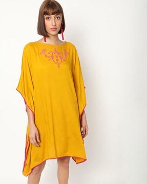 embroidered kaftan dress with lace trim