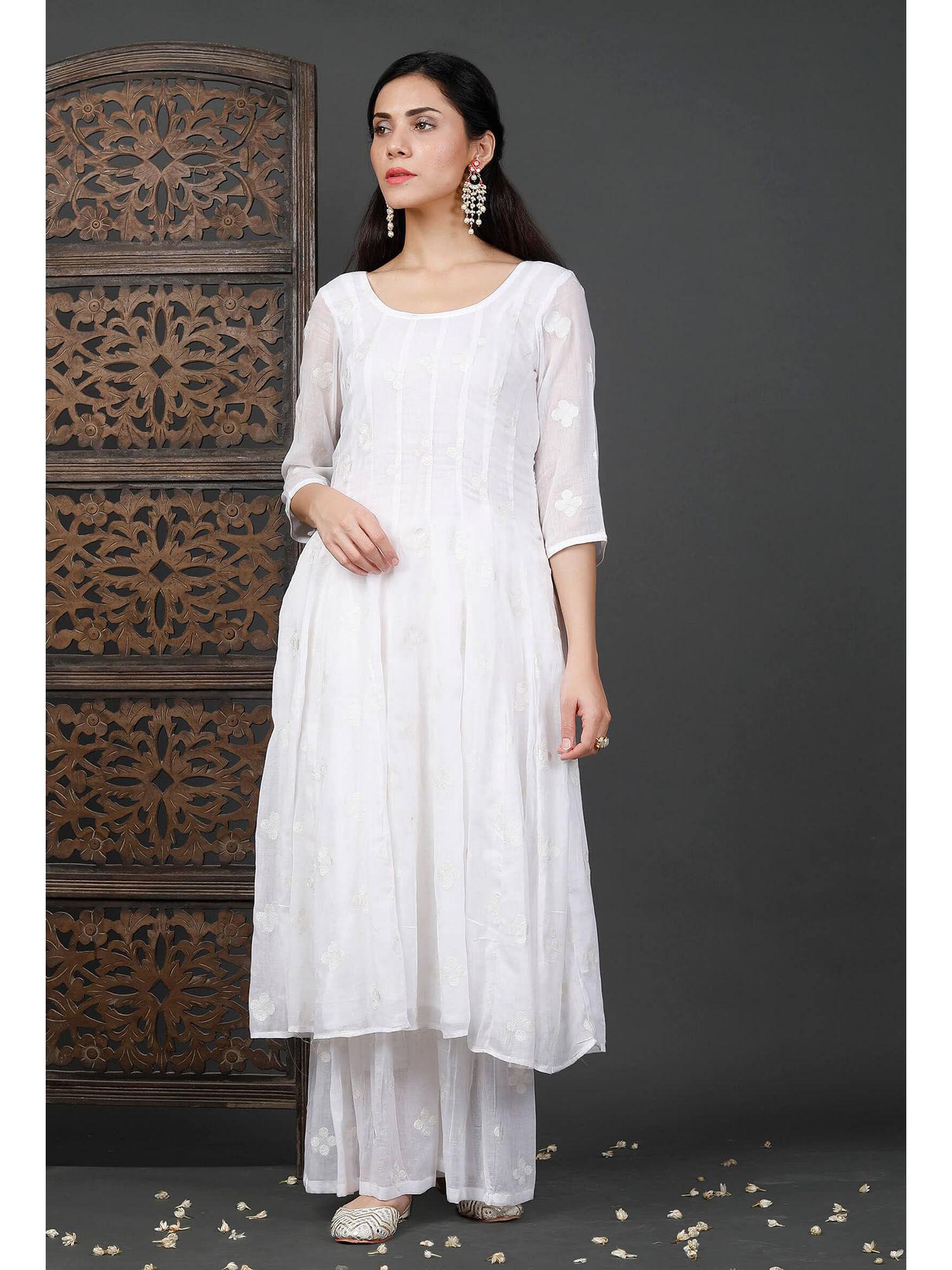 embroidered kalidar white kurta & sharara (set of 2)