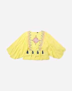 embroidered kimono top with tassels