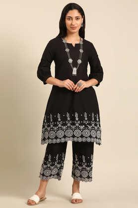 embroidered knee length cotton woven women's kurta set - black