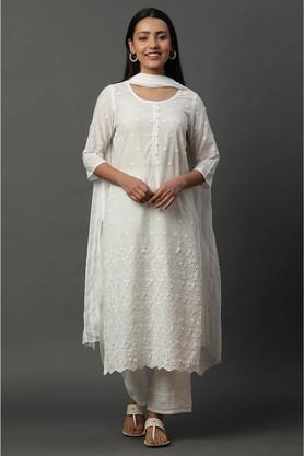 embroidered knee length cotton woven women's kurta set - white