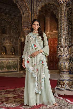 embroidered knee length crepe woven women's kurti palazzo dupatta set - pista green