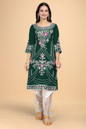 embroidered knee length georgette women's kurta set - green