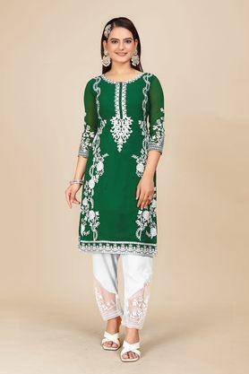 embroidered knee length georgette women's kurta set - green