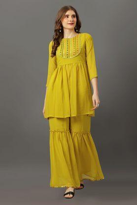 embroidered knee length georgette women's kurta set - yellow