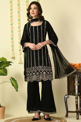 embroidered knee length georgette woven women's kurta set - black