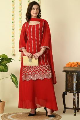 embroidered knee length georgette woven women's kurta set - red
