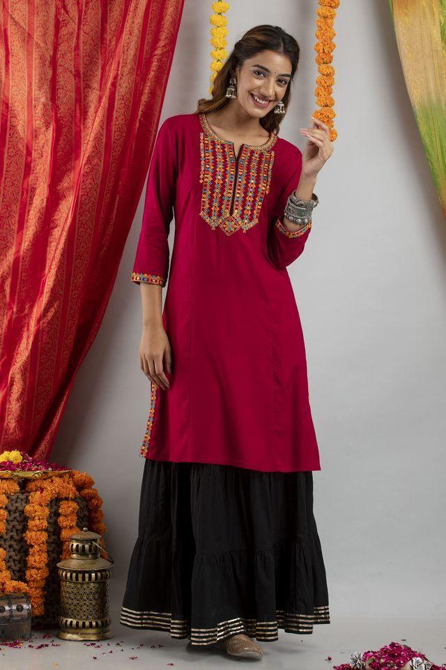 embroidered knee length rayon knitted womens kurta set