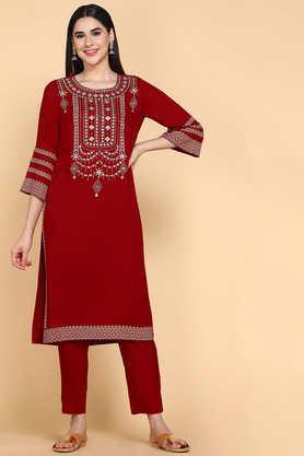 embroidered knee length rayon woven women's kurta set - maroon