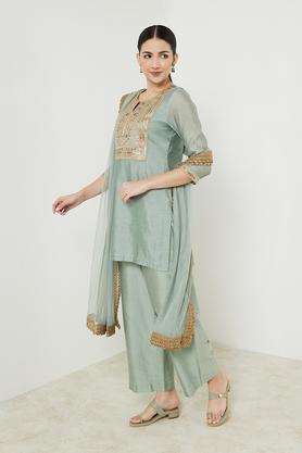 embroidered knee length viscose blend woven women's kurta pant dupatta set - pista green