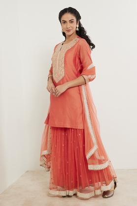 embroidered knee length viscose blend woven women's kurta sharara dupatta set - orange