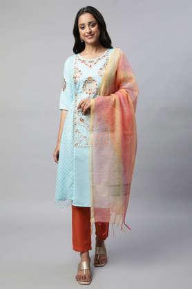 embroidered kurta with orange trousers and dupatta - blue