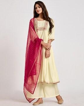 embroidered kurta with palazzos & embellished dupatta