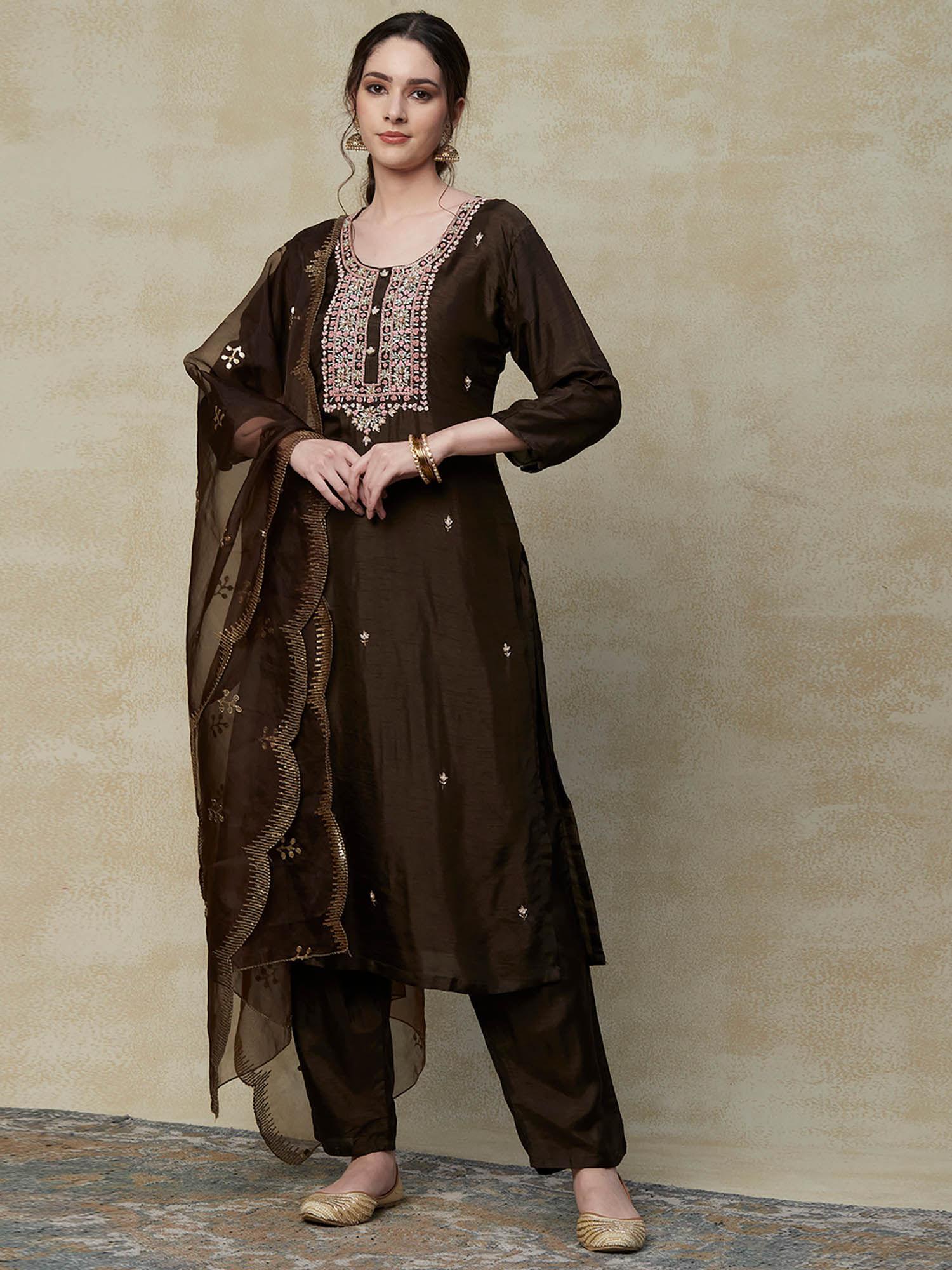 embroidered kurta with pant & dupatta-brown (set of 3)