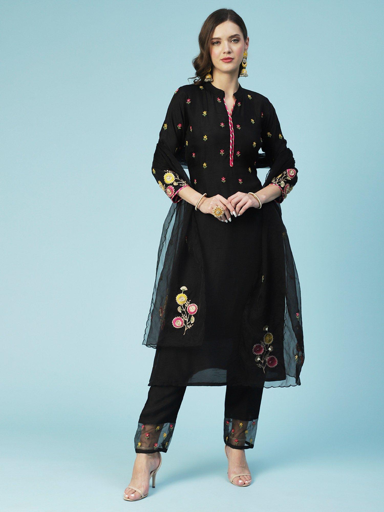embroidered kurta with pants and embroidered dupatta - black (set of 3)